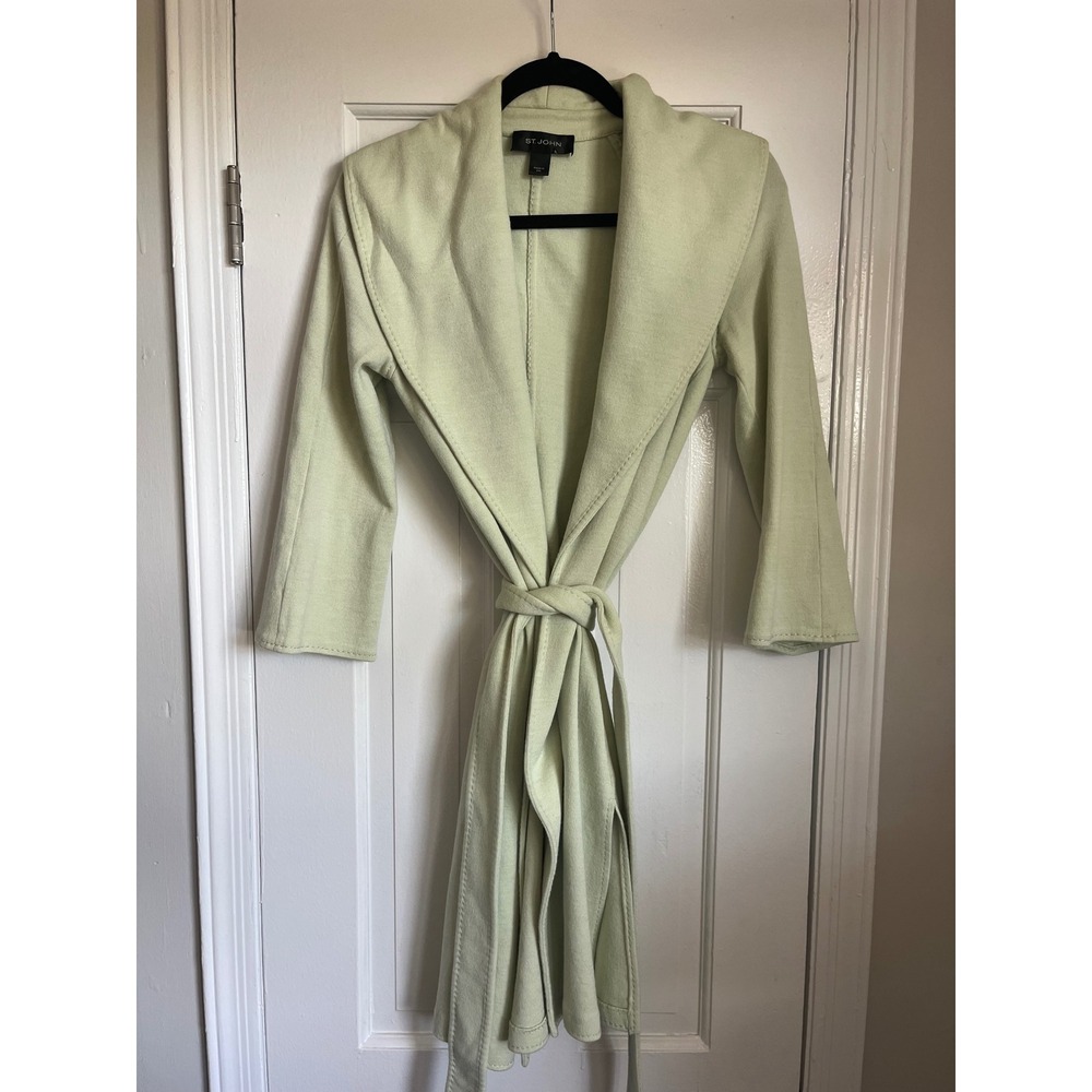 St John 2014 Resort Knit Wrap Coat Sage Green Shawl Collar Duster Retails $1100
